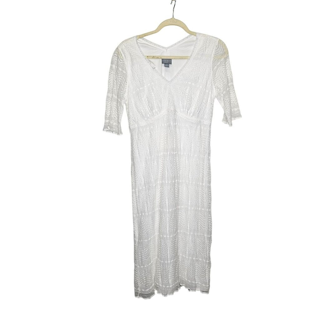 Rabbit Rabbit Designs White Lace Midi Dress 12‎ Three-Quarter Sleeves V-Neck